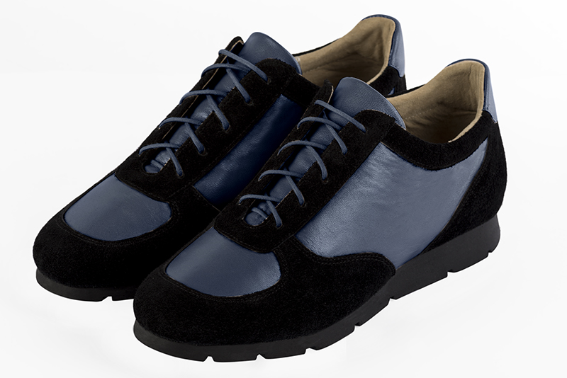 Matt black and prussian blue women's two-tone elegant sneakers. Round toe. Flat rubber soles. Front view - Florence KOOIJMAN
